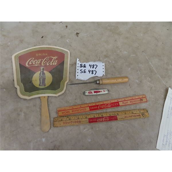 Coca-Cola Items, 2 Rulers, Pocket Knife, Ice  Pic & Modern Fan