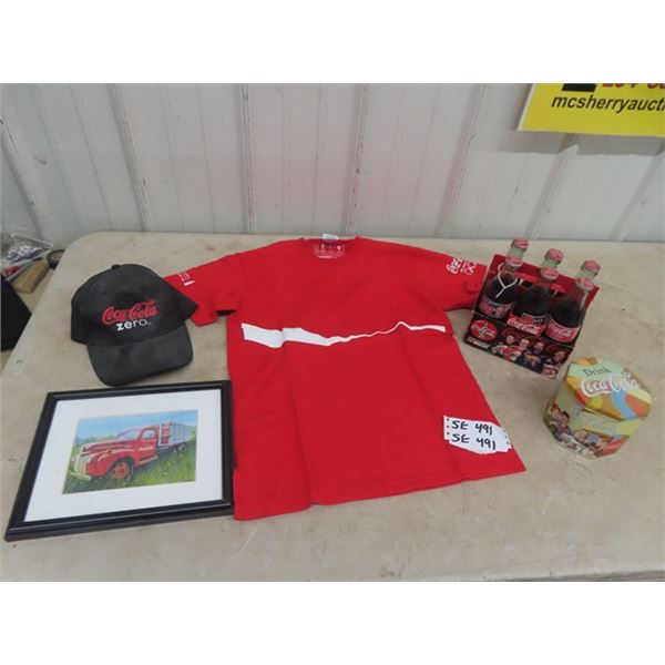 Coca-Cola Package; T-Shirt, Hat, Picture, Tin &  Nascar Labelled 6 Pack Carrier w/ Bottles
