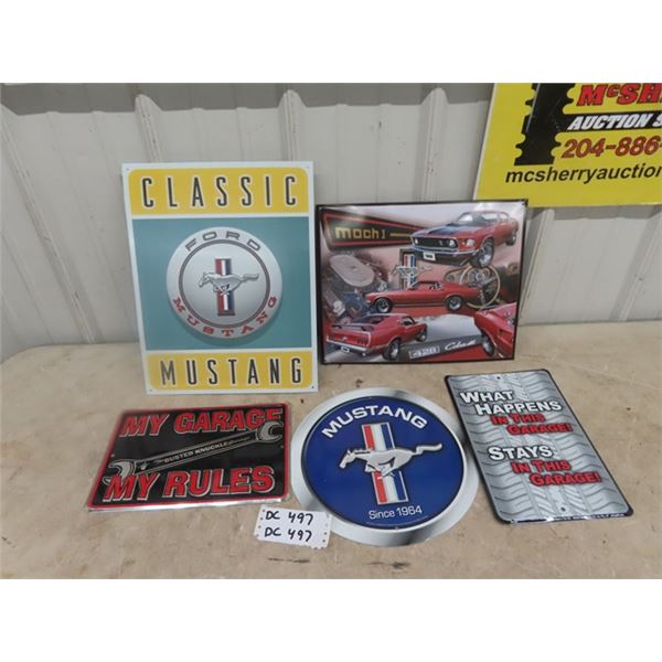 5 Metal Signs; Mustang & Garage
