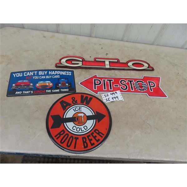 4 Modern Metal Signs ; A&W 12" Across, GTO,  Pit Stop, Garage