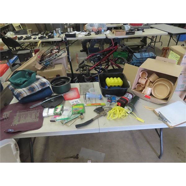 Camping Items; Hatchet, Flashlights, Fire Starters  Dishes  plus more