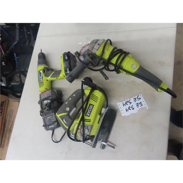 3 Ryobi Power Tools; Jog Saw, Angle Grinder,  18V Drill with  Charger