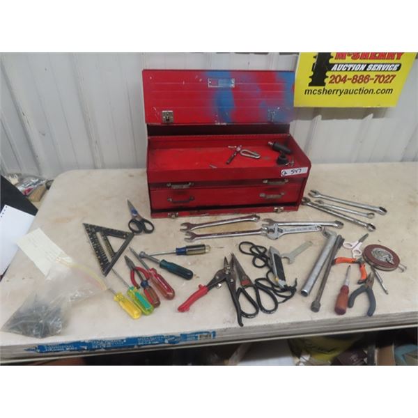 Metal Tool Box with OddnEnds of Tools ...wrenches  Tin Snips, Screw drivers plus others