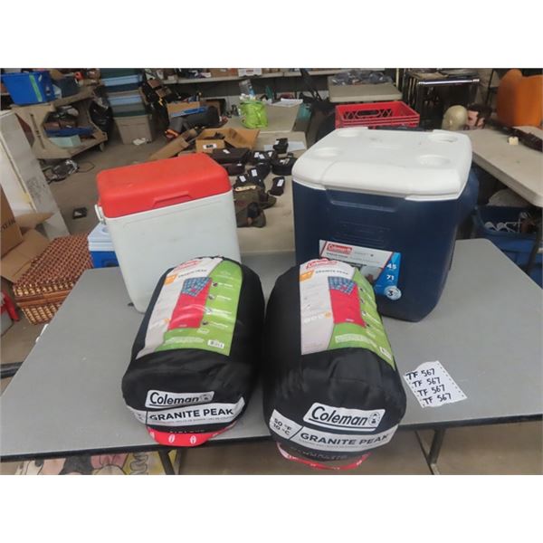 2 Camping Coolers & 2 Sleeping Bags