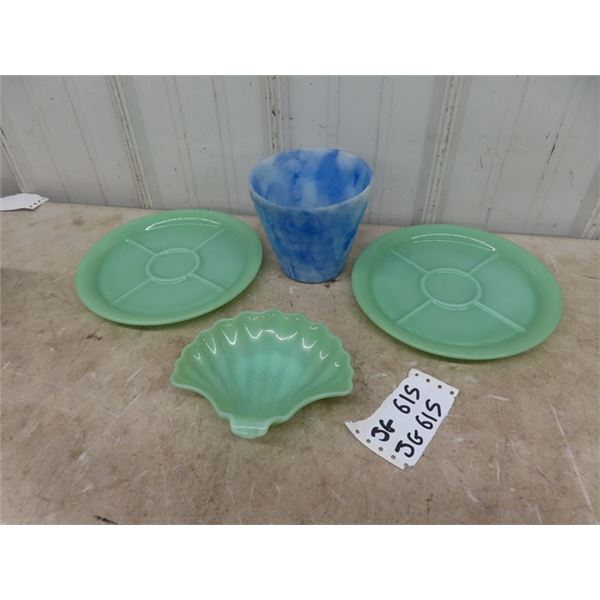 2 Green Fire-King Jadeite Restaurant-ware Plates &  Clamshell Ridged Dish & Blue Agro-agate Glass Fl