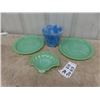 Image 1 : 2 Green Fire-King Jadeite Restaurant-ware Plates &  Clamshell Ridged Dish & Blue Agro-agate Glass Fl
