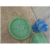 Image 3 : 2 Green Fire-King Jadeite Restaurant-ware Plates &  Clamshell Ridged Dish & Blue Agro-agate Glass Fl