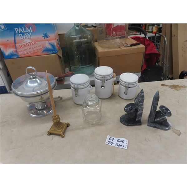 Alabaster Bookends, Canister Set, Hot Plate  Serving Dish, Candle Stick + Holder