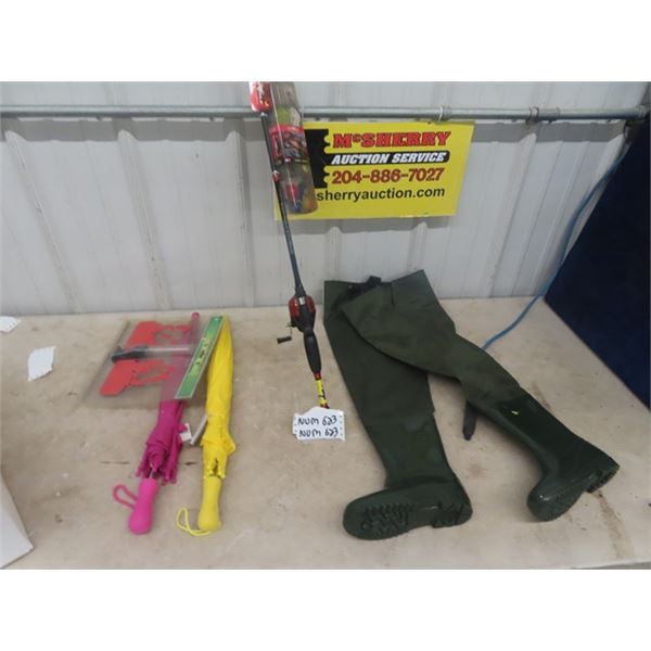 All New Fishing Items; size 3 Hip Waders, Fishing  Rod + Reel, Rain Gauge & 2 Umbrellas