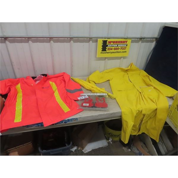 2 New Rain Jackets both Size Large, 2 Umbrellas &  Rain Gauge