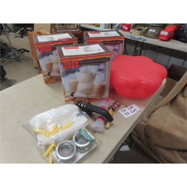 3 Hot Chocolate Makers, Tupperware, Sharpeners  Corn Cob Holders plus more
