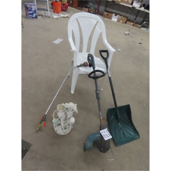 Weed Eater, Shovel, Yard Sprinkle Wand, Patio  Chair & Lawn Statue