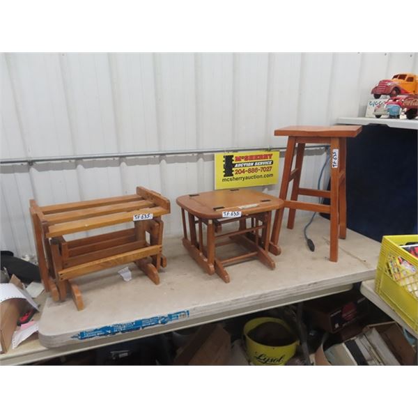 Wooden Stool & 2 Gliding Ottomen - NO Cushions