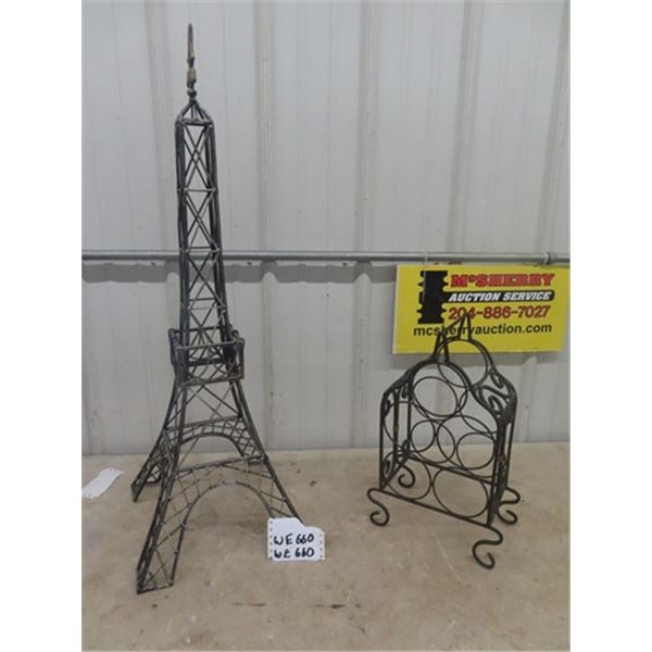 Wrought Iron Eifle Tower Display 36" Tall &  Wine Rack