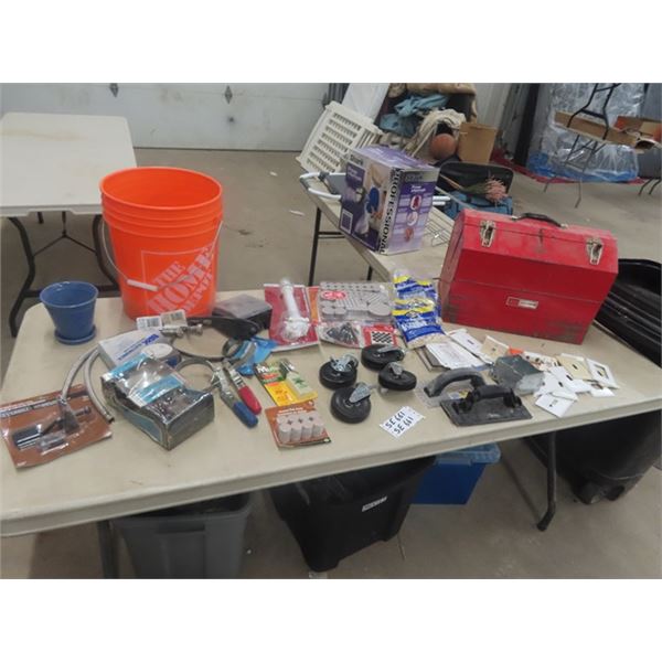 Hardware Bundle; Metal Tool Box, Timer, 5 Gal  Bucket, Caster, Plumbing + Various hardwares plus mor