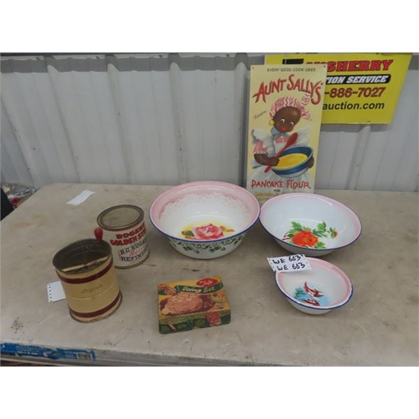 3 Enamel Bowls, Flour Sifter, Honey TIn, Icing Set  Modern Metal Aunt Sally Sign