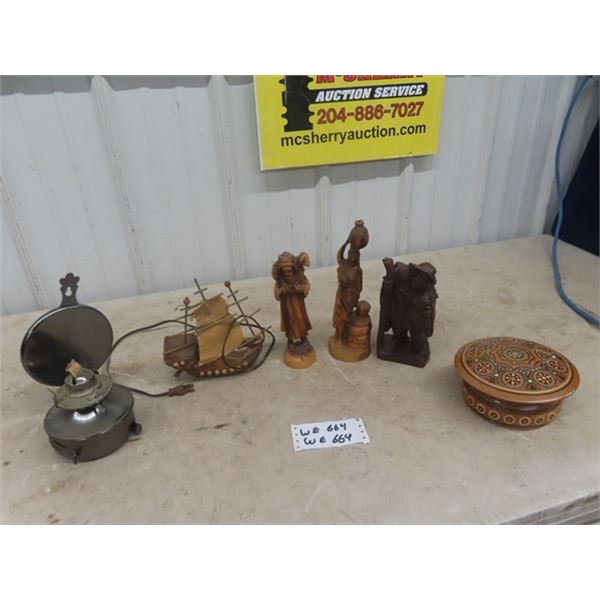 Wood Carved Figures, Carved Wooden Dish &  Cool Oil Lamp