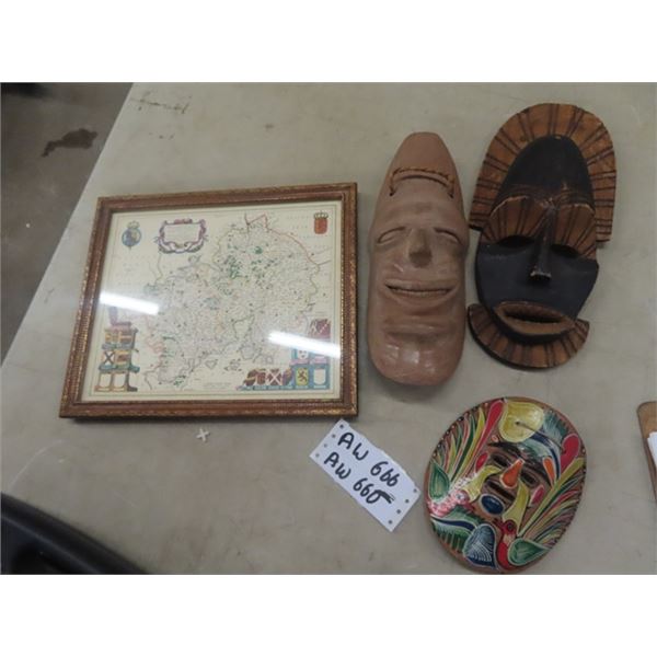 3 Tribal Masks & Framed War Map