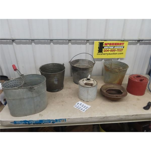 7 Galvanized Pails; Gas Can, Crew Can with Lid