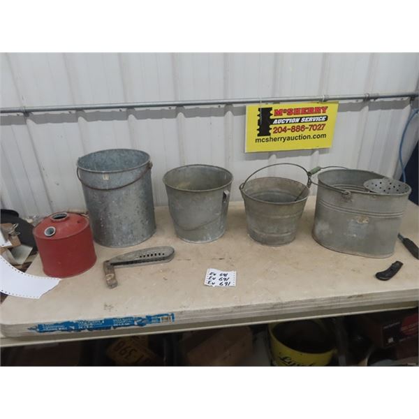 5 Galvanized Buckets; Gas Can, Mop Pail & 3 Pails
