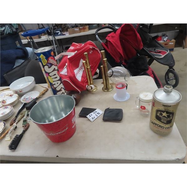 Budweiser Ice Bucket, Smarties Bank, Budweiser  Duffle Bag, Footbal Gumball Machine