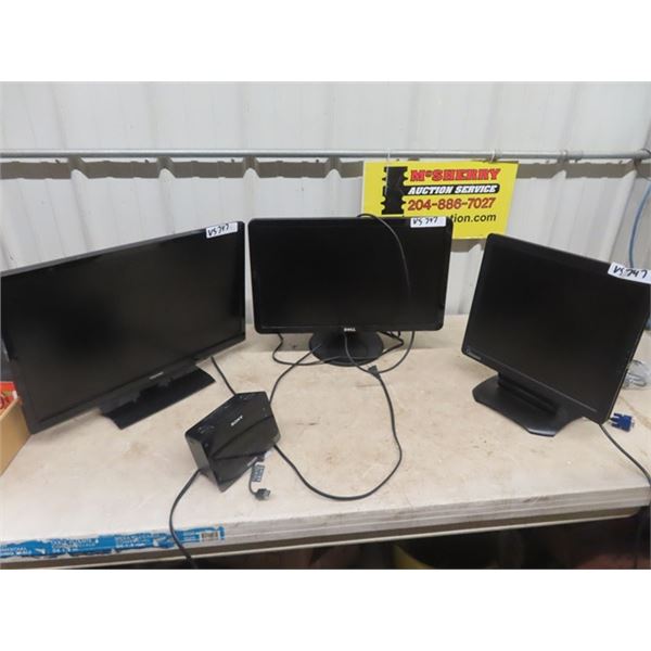 3 Computer Monitors; 1) Toshiba, 1) Dell, 1)  Optiquest & Sony Alarm Clock