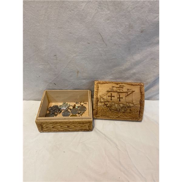 Assorted tokens, earrings etc in wood box