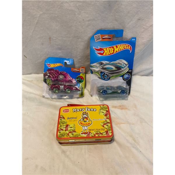 2 hot wheels and Mary Jane tin