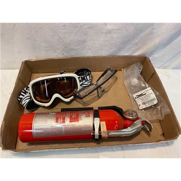 Goggles, safety glasses and extinguisher