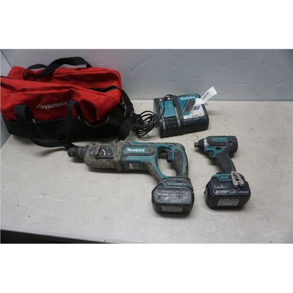 MAKITA CORDLESS HAMMER DRILL AND IMPACT GUN WITH 2 BATTERIES AND CHARGER - TESTED WORKING