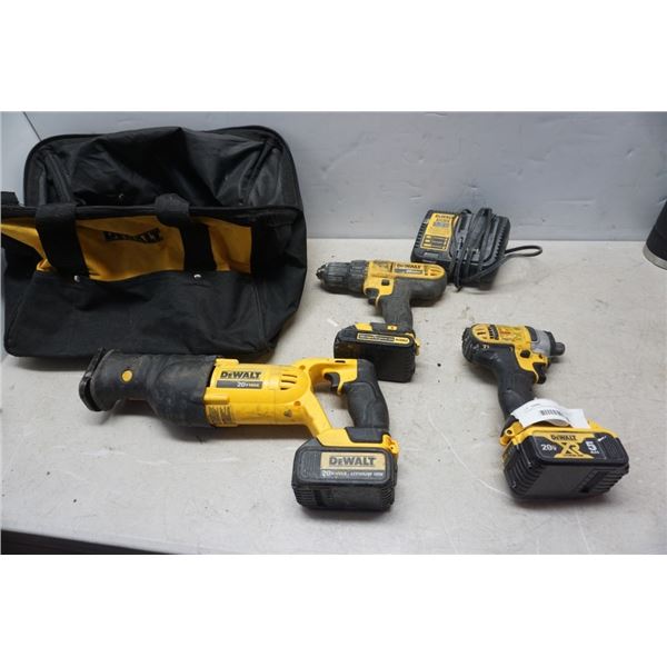 DEWALT CORDLESS TOOL SET - IMPACT GUN, DRILL, VARIABLE SPEED RECIPROCATING SAW, 3 BATTERIES AND CHAR