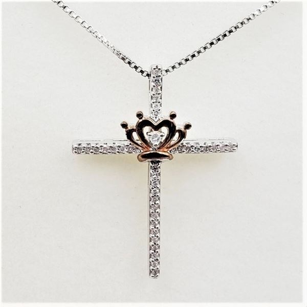 NEW STERLING SILVER "CROWN & CROSS" DIAMOND PENDANT WITH STERLING CHAIN, 35 DIAMONDS (0.10CTS), W/A 