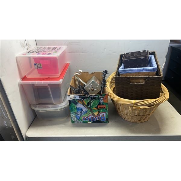 LOT OF BASKETS, BINS AND METAL DECOR