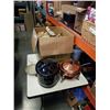 Image 1 : BOX OF KITCHEN ITEMS, POTTERY DISH, CROCK POT, COPPER WARMING DISH