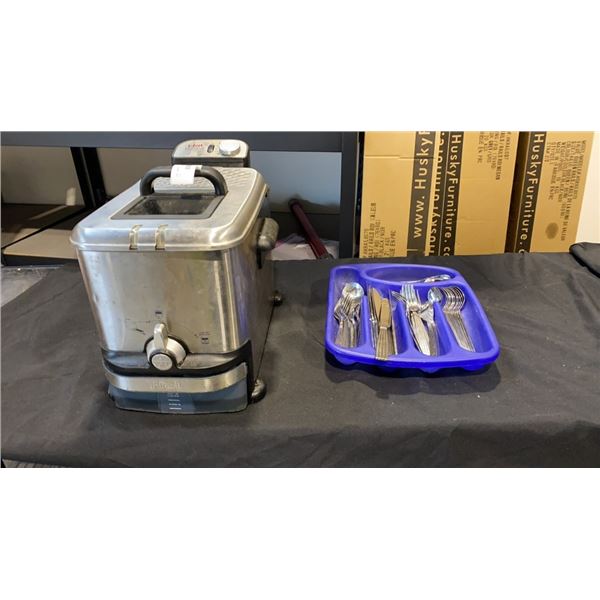 TFAL DEEP FRYER AND TRAY OF CUTLERY