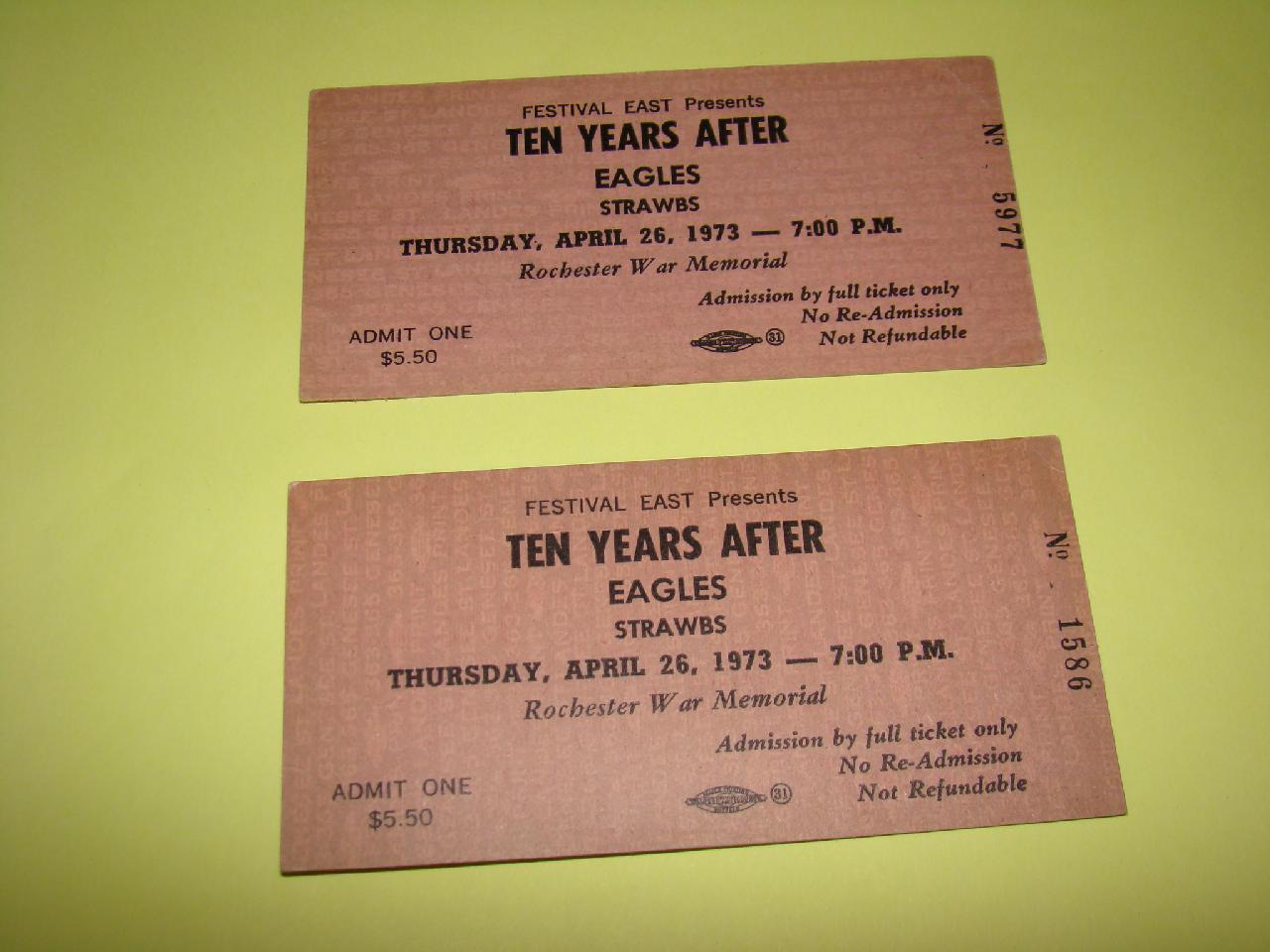 (2) Ten Years After EAGLES 1973 Concert Tickets