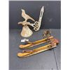 Image 1 : Cast Iron Bell Bird Wall Mount Hanging Bell and Pair of Antique Lisnocht Wooden Ice Skates