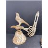 Image 3 : Cast Iron Bell Bird Wall Mount Hanging Bell and Pair of Antique Lisnocht Wooden Ice Skates