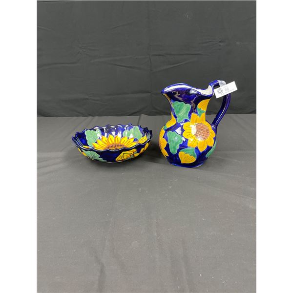 Large Hand Painted Mexican Pottery Pitcher and Bowl Cobalt Blue and Sunflower Design -Talavera?