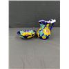 Image 1 : Large Hand Painted Mexican Pottery Pitcher and Bowl Cobalt Blue and Sunflower Design -Talavera?