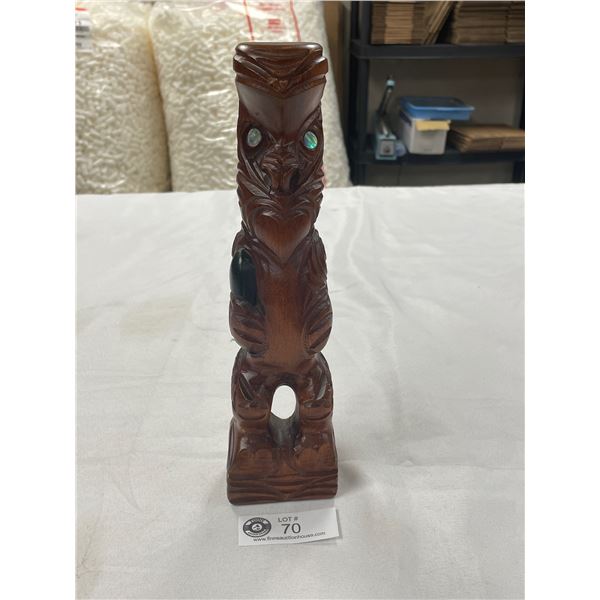 Vintage Maori Wood Carved Tekoteko Paua Eyes, Made in Rotorua New Zealand 11" Tall