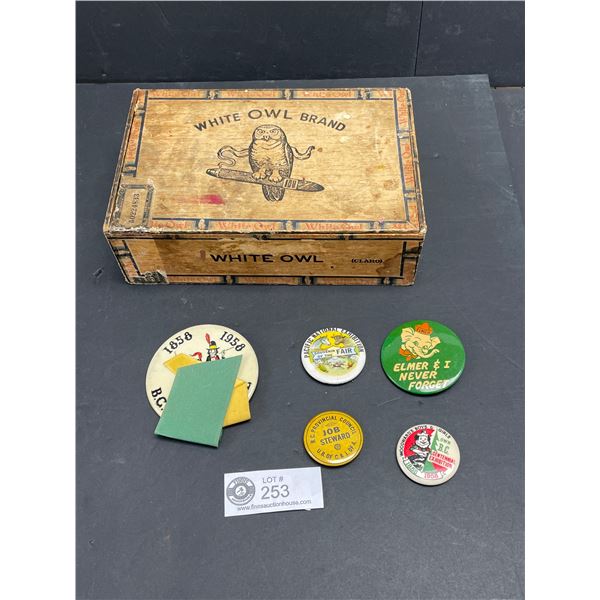 Vintage  White Owl  Cigar Box with An Early PNE Badge, Woodward's 1958 BC Centennial Badge, Early BC