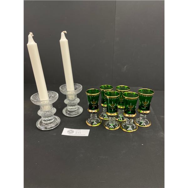 Vintage Hand Decorated Jewish Cordial Glass Set & Pair of Glass Candlesticks