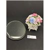 Image 1 : Porcelain Floral Bouquet Music Box 5,5" & Antique Display Mirror