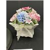 Image 2 : Porcelain Floral Bouquet Music Box 5,5" & Antique Display Mirror