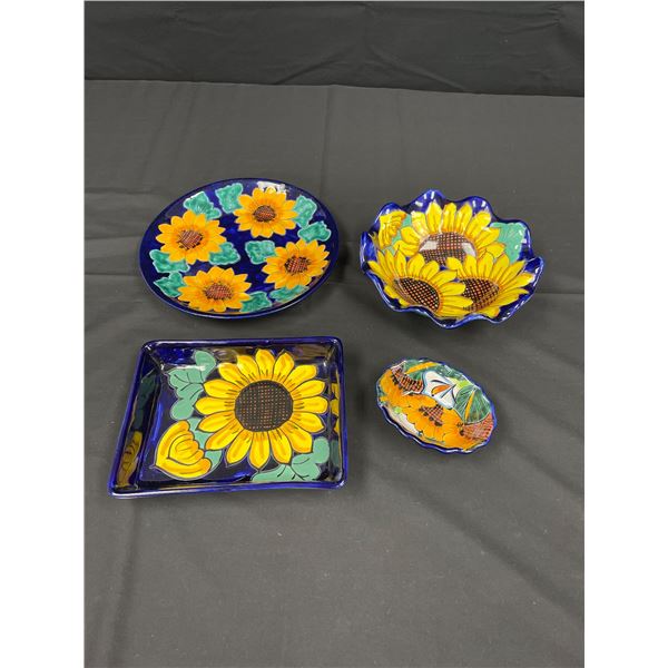 Hand Painted Mexican Pottery.Cobalt Blue & Sunflower Designs. Talavera? Charger,Ruffled Bowl, Rectan