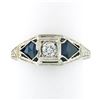 Image 1 : Antique Art Deco 18k White Gold .22 ctw Round Diamond Shield Sapphire 3 Stone Ri
