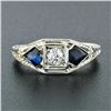 Image 2 : Antique Art Deco 18k White Gold .22 ctw Round Diamond Shield Sapphire 3 Stone Ri