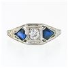 Image 4 : Antique Art Deco 18k White Gold .22 ctw Round Diamond Shield Sapphire 3 Stone Ri