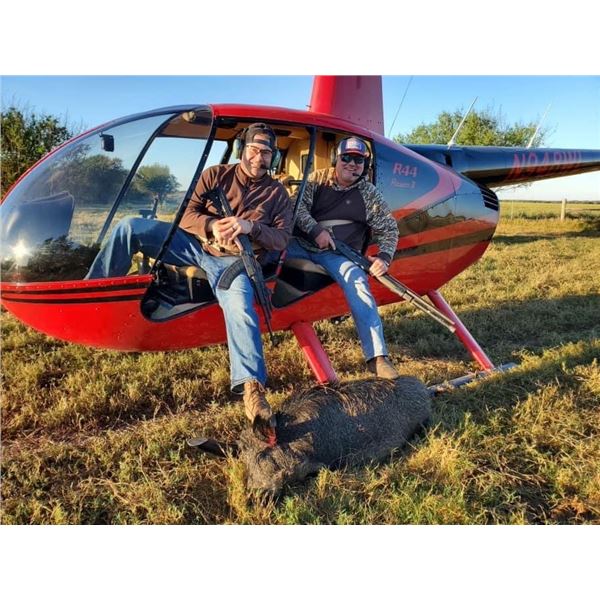 2 Hour Helicopter Hog hunt for 2 hunters in Texas. Hunt dates (1/1/23 - 4/20/23) hunt donated by Rog